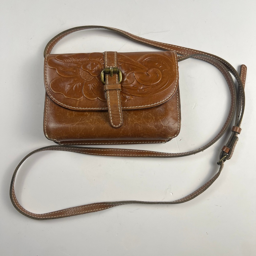 Patricia Nash Tooled Leather‎ Crossbody Bag Tan Floral Embossed Vintage Boho